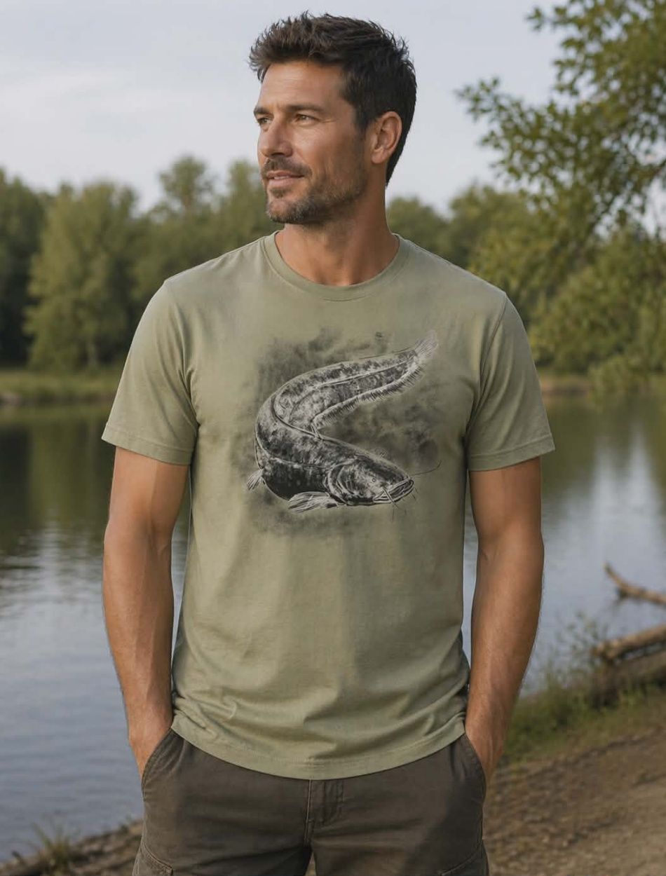 Férfi pamut horgász póló, világos khaki (XS-2XL)