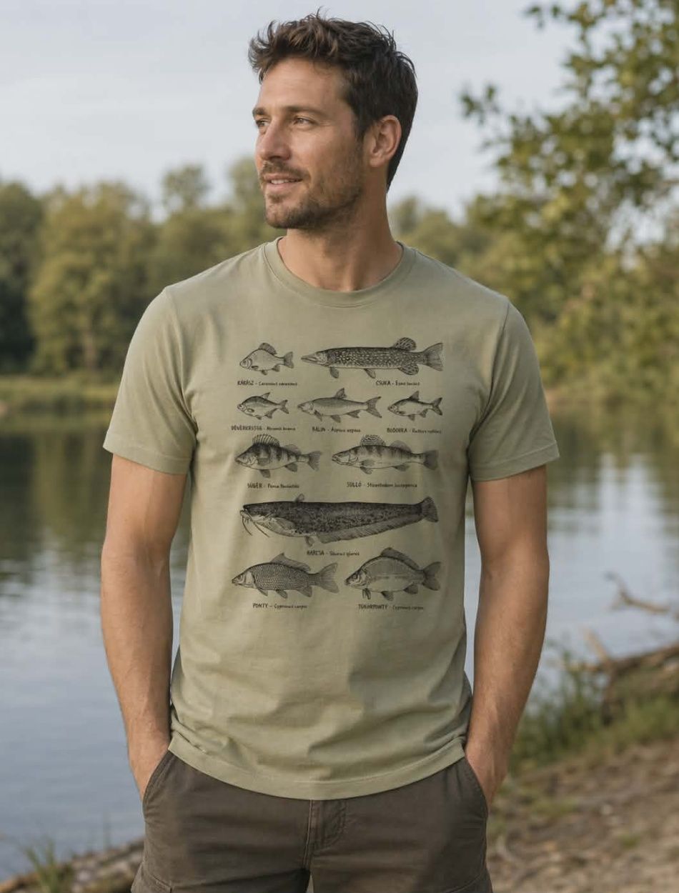 Férfi pamut horgász póló, világos khaki (XS-2XL)