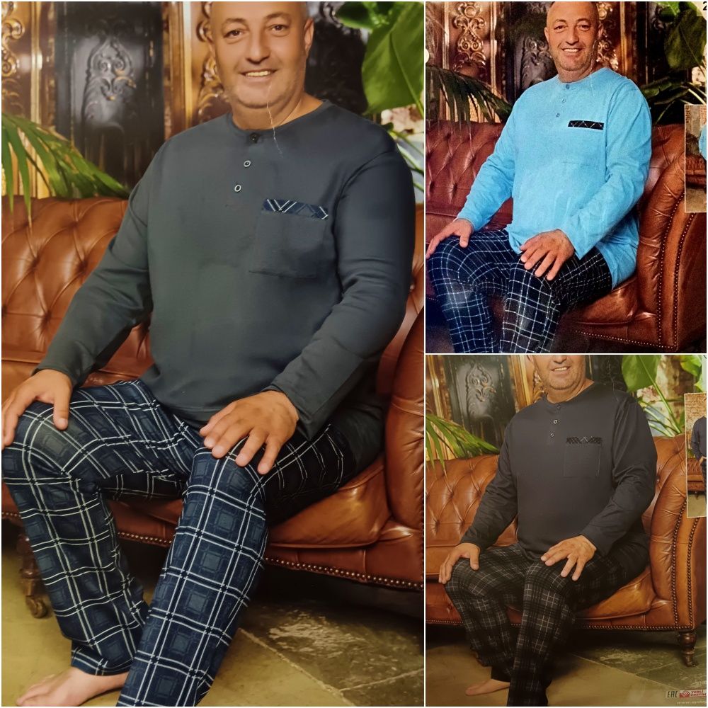 Hosszú ujjú gombos, pamut férfi pizsama (2XL - 4XL)