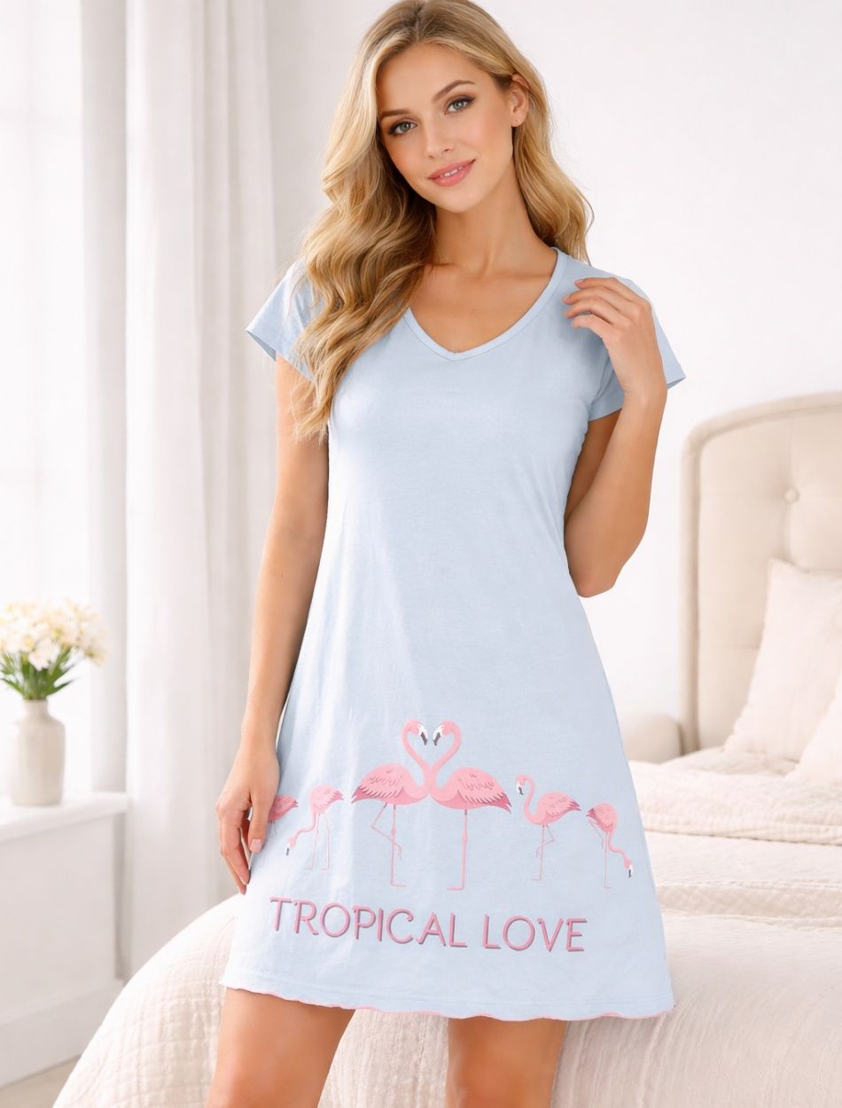 Rövid ujjú flamingó mintás, pamut hálóing