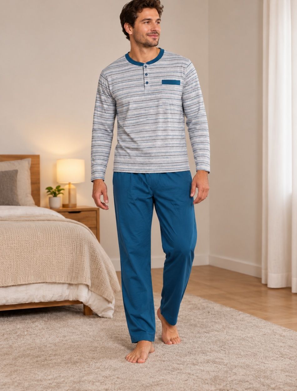 Hosszú ujjú, férfi pamut pizsama (L-4XL)